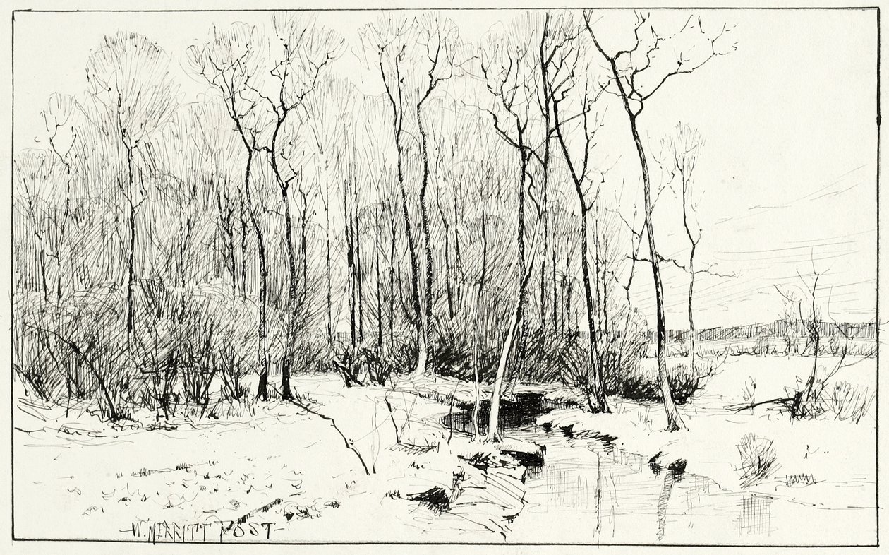 Cím nélkül, téli táj (toll és tinta papíron) alkotó: William Merritt Chase