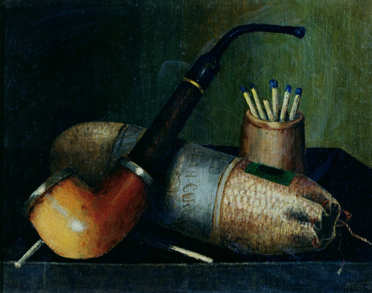 Pipadohány és gyufa csendélet alkotó: William Michael Harnett