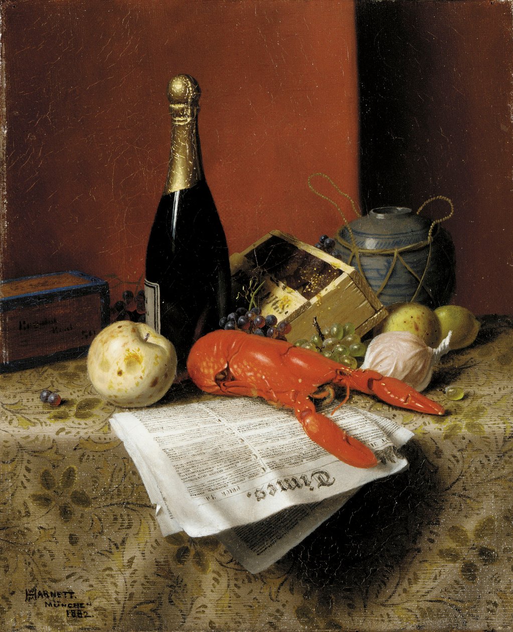 Csendélet homárral, gyümölccsel, pezsgővel és újsággal, 1882 alkotó: William Michael Harnett
