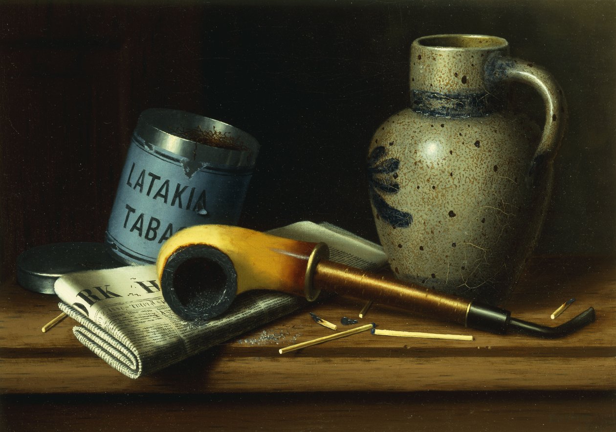 Csendélet pipával és dohánnyal, alkotó: William Michael Harnett