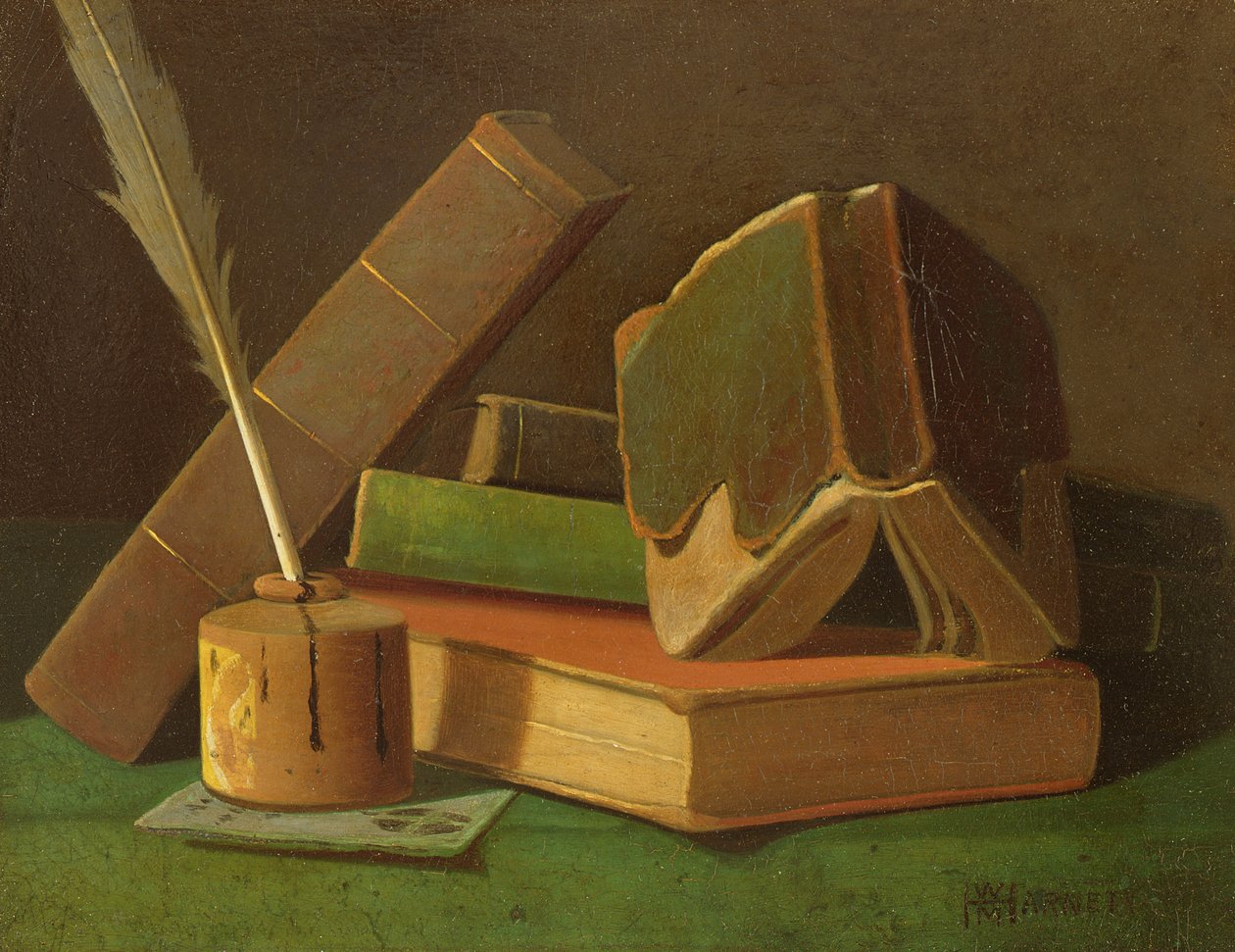 Csendélet könyvekkel és tintával jól alkotó: William Michael Harnett