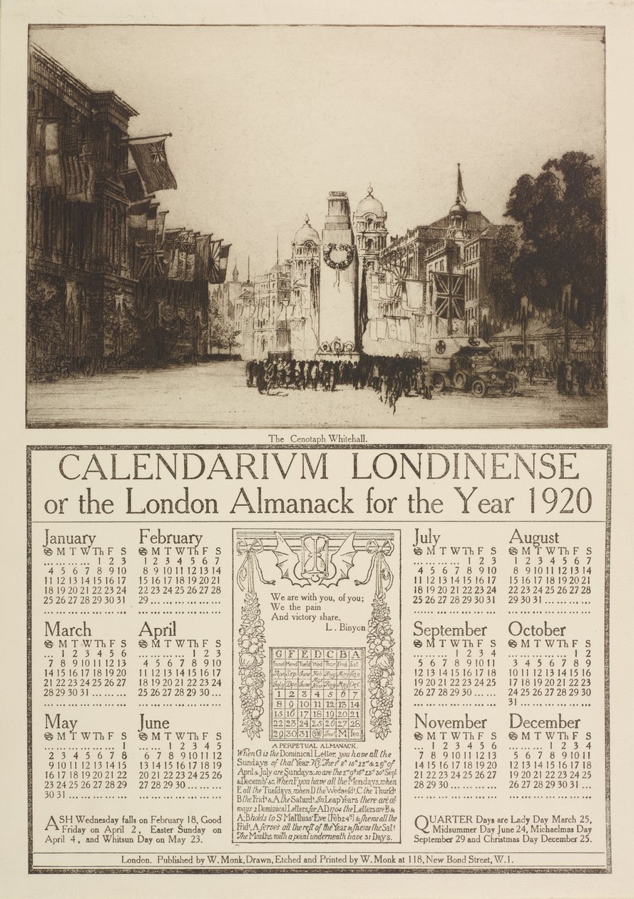 Calendarium Londinense, avagy az 1920-as londoni almanach, a Cenotaphra néző kilátással, Whitehall, 1919 alkotó: William Monk
