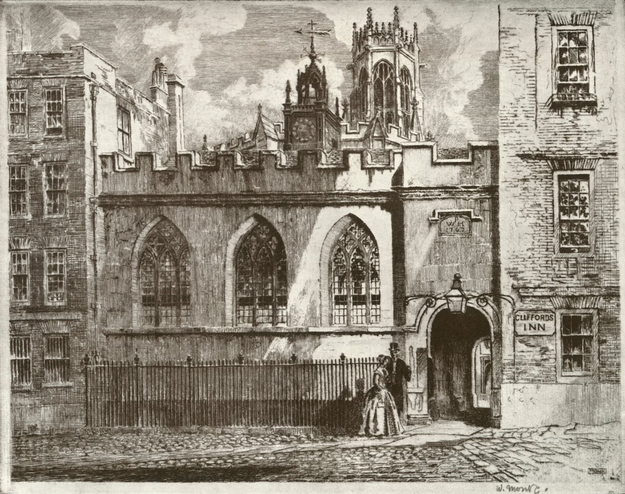 Cliffords Inn Hall és Óratorony, a St. Clement Danes Lámpás tornyával túl, 1934. alkotó: William Monk