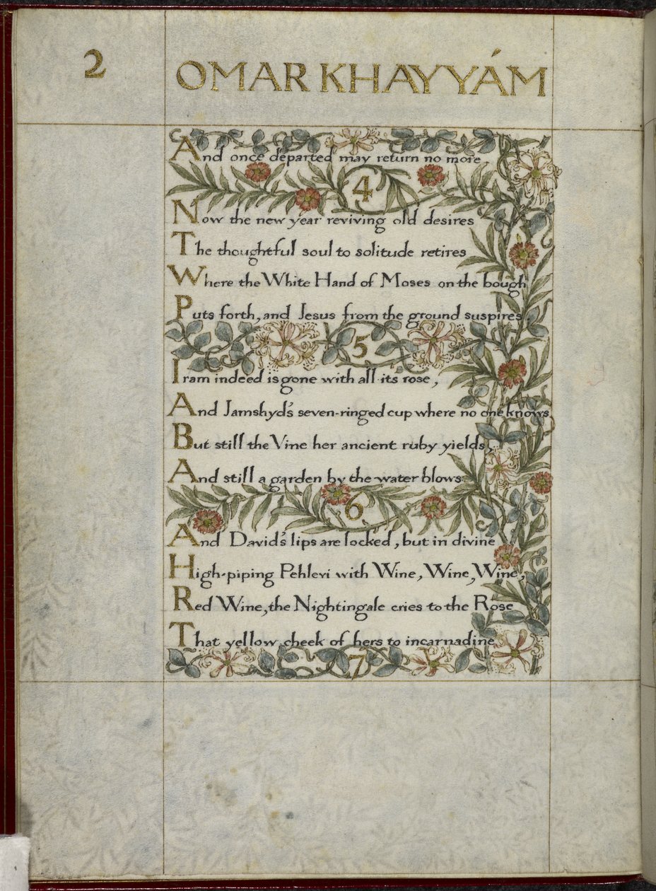 (Teljes fólió) Omar Khayyam Rubaiyat-ja, 4-6. vers. Kalligrafikusan írta és díszítette William Morris, lombos és virágos szegélyekkel. alkotó: William Morris