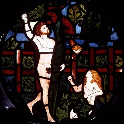 Ádám és Éva gyümölcsszedés, részlet a Teremtés ablakból alkotó: William Morris