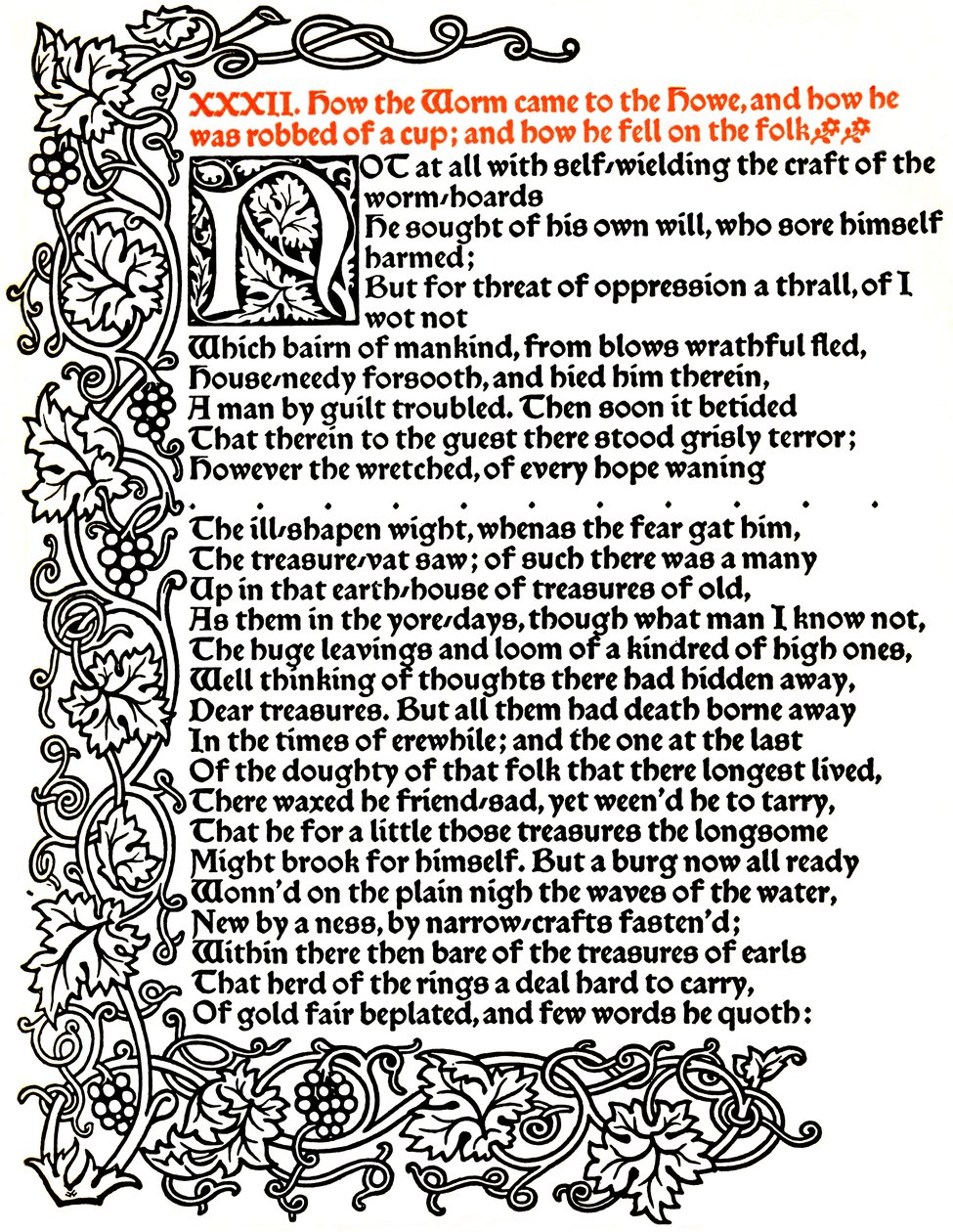 Kelmscott Press: Oldal a The Tale of Beowulfból, trója típussal nyomtatva, 1895 körül, 1914. alkotó: William Morris