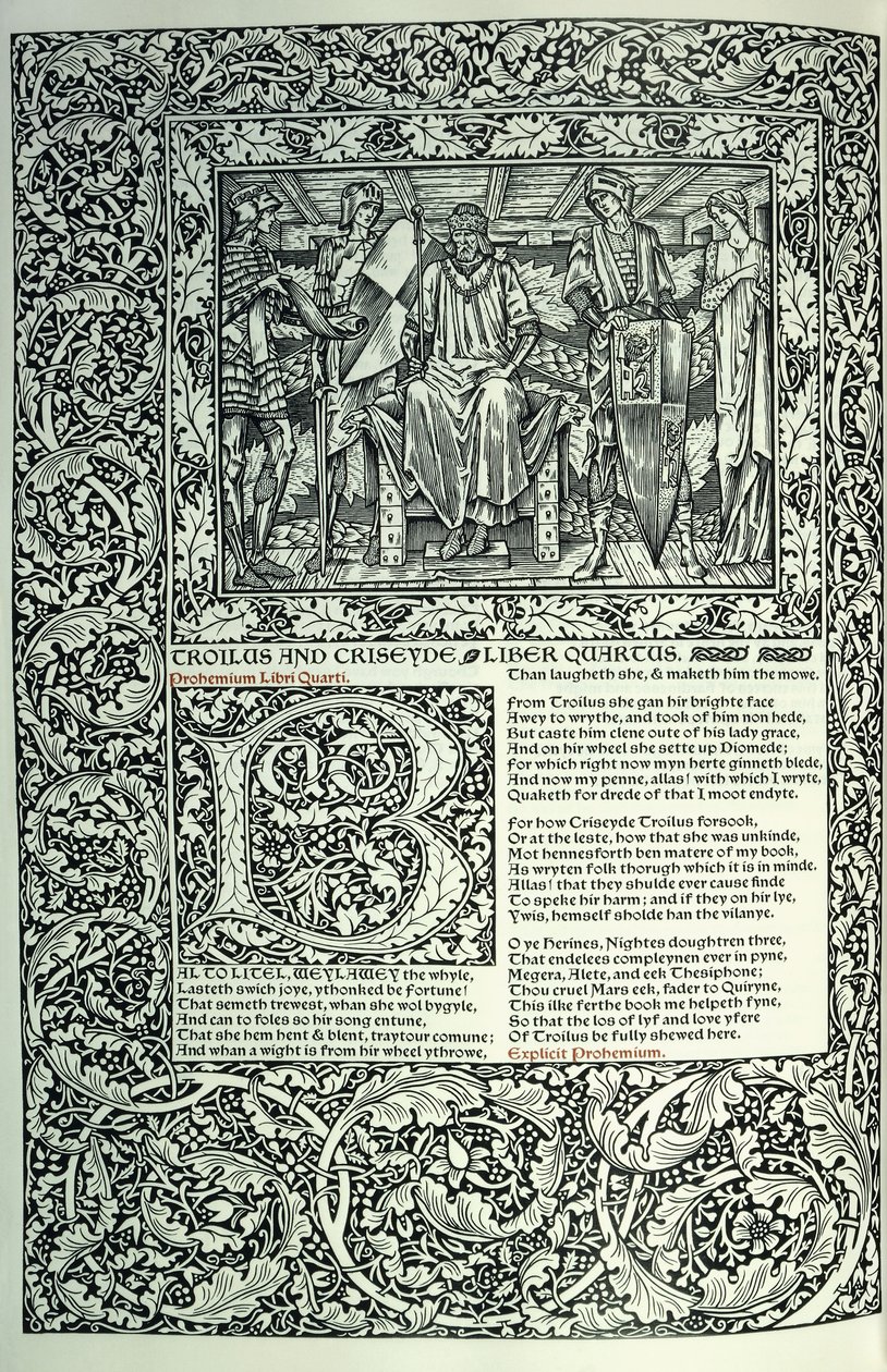 Jelenet a "Troilus és Criseyde" című filmből, történészi kezdetű "B", kézirat teljes oldalszegéllyel, 1896 alkotó: William Morris