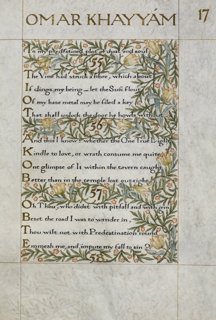 Omar Khayyam Rubaiyat-ja; 55-57. versek. Kalligrafikusan írta és díszítette William Morris, lombos és virágos szegélyekkel. alkotó: William Morris