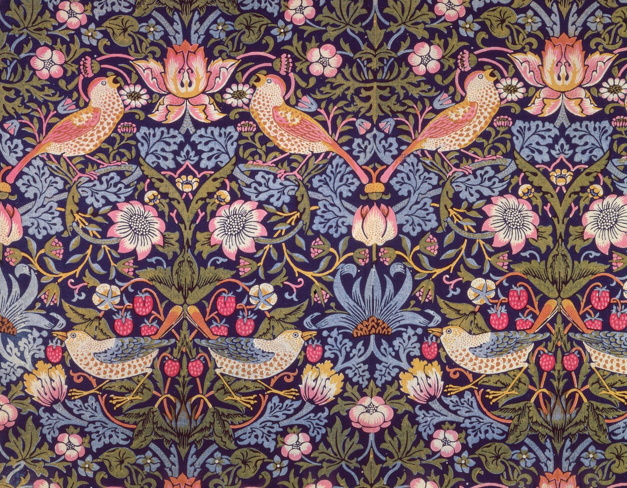 „The Strawberry Thief” textil, amelyet William Morris (1834-96) tervezett 1883 (nyomtatott pamut) alkotó: William Morris