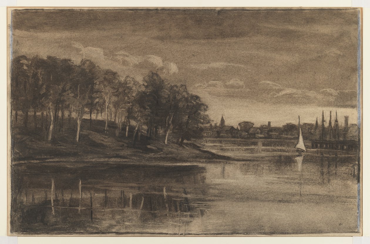 Tájkép – Tókép (faszén és kréta papíron) alkotó: William Morris Hunt