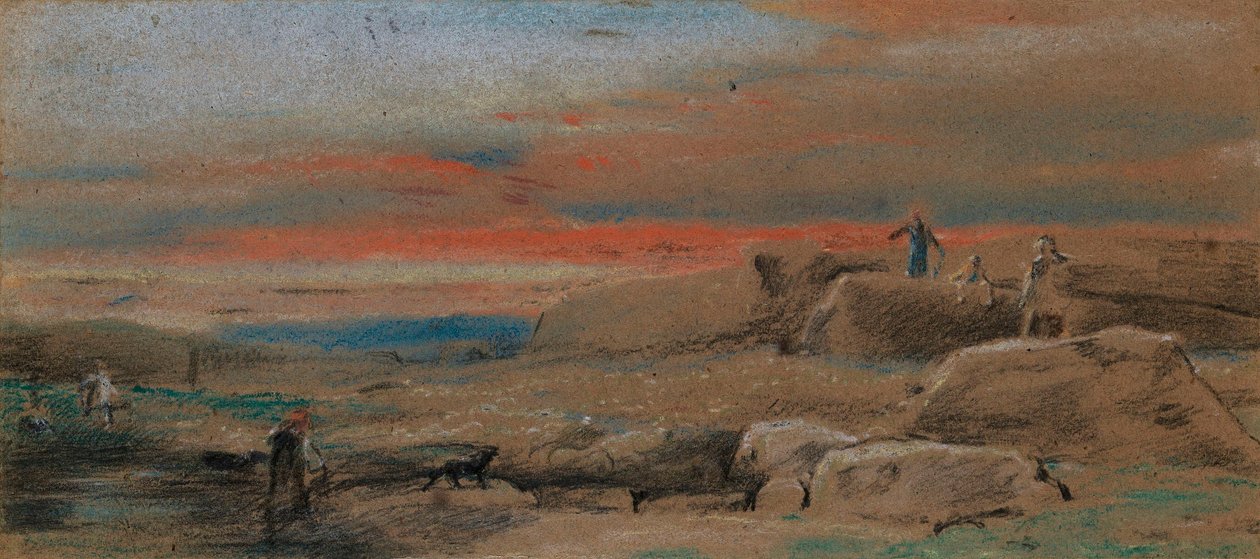 Alakok sziklák között napnyugtakor alkotó: William Mulready