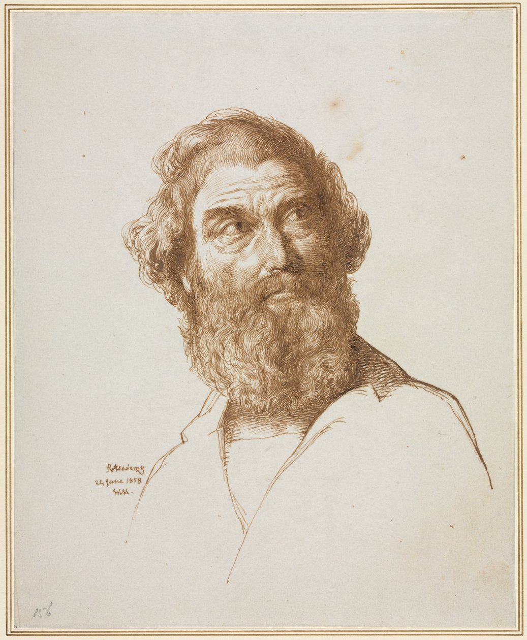 Egy szakállas férfi feje, aki balra néz alkotó: William Mulready
