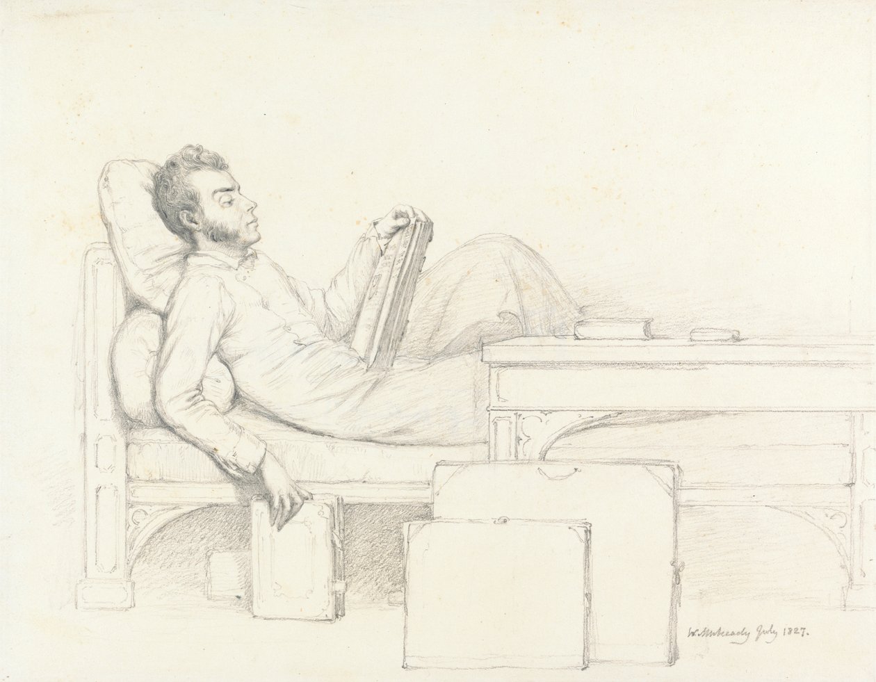 A gótikus kanapén fekvő művész önarcképe, aki könyvet olvas alkotó: William Mulready