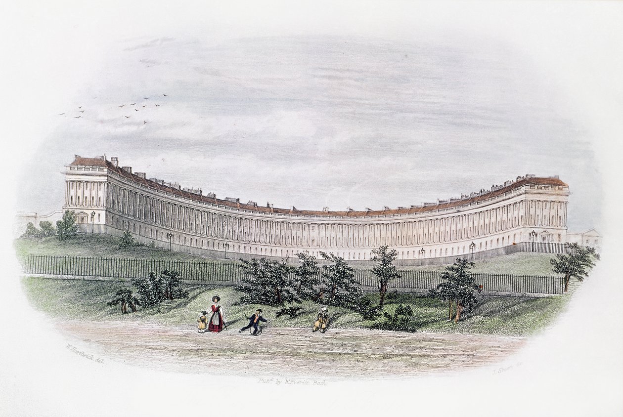 Royal Crescent, Bath, a parkból, metszett J. Shury, 1840 körül alkotó: William N. Hardwick of Bath
