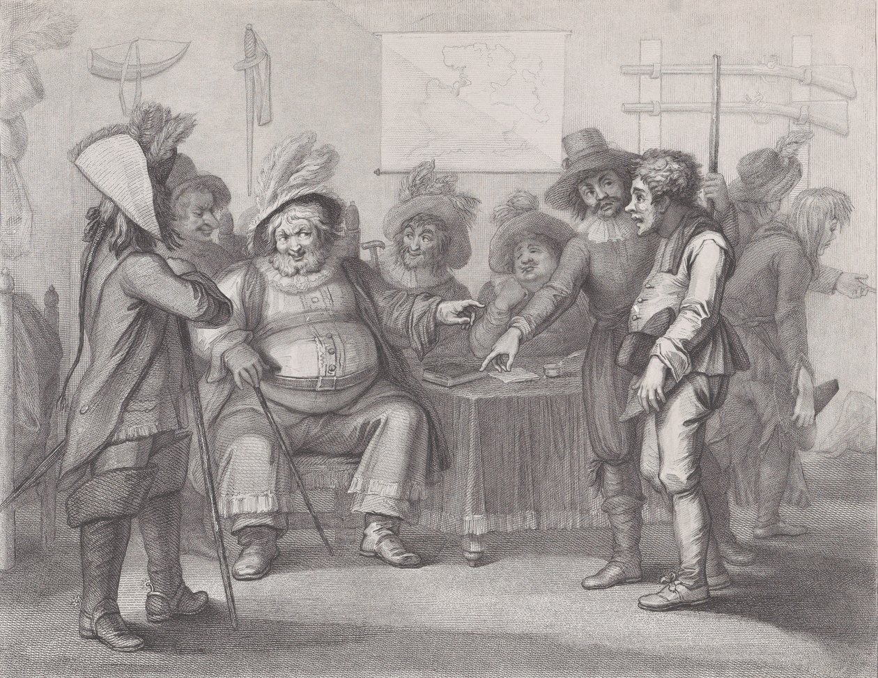 Falstaff a Justice Shallow-nál az újoncok összegyűjtése Shakespeare, Henry IV, ... rész, 1792. június 1. alkotó: William Nelson Gardiner
