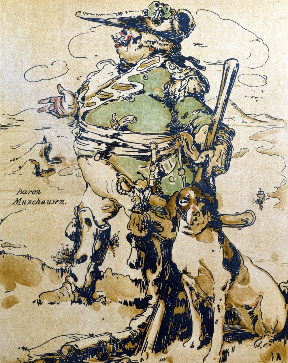 Münchausen báró, illusztráció a „Characters of Romance”-ből, először 1900-ban jelent meg (színes litó) alkotó: William Nicholson