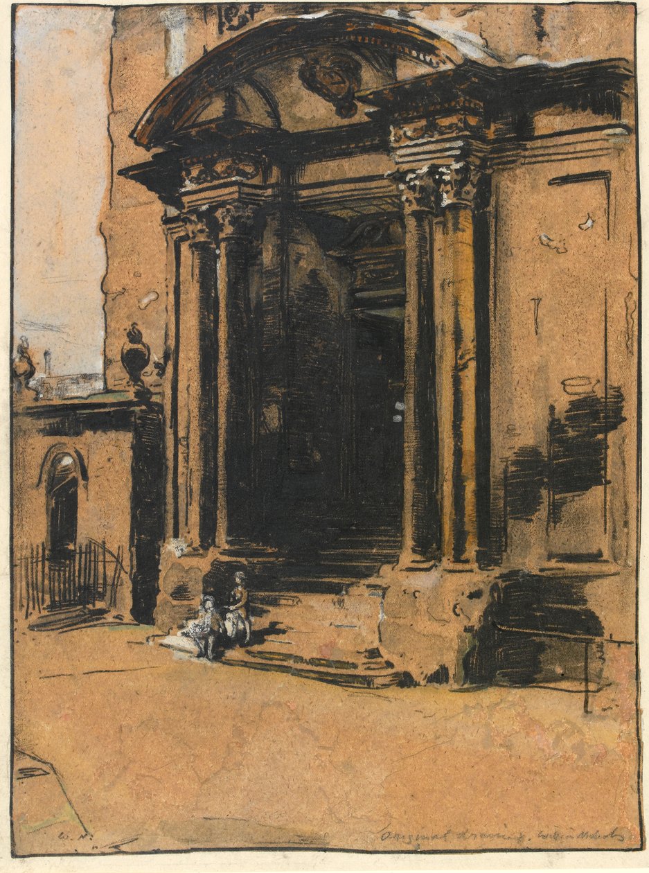 A régi Ashmolean Múzeum ajtaja, Oxford (toll és tinta, fekete kréta és mosás fehér kiemeléssel a pauszpapíron) alkotó: William Nicholson