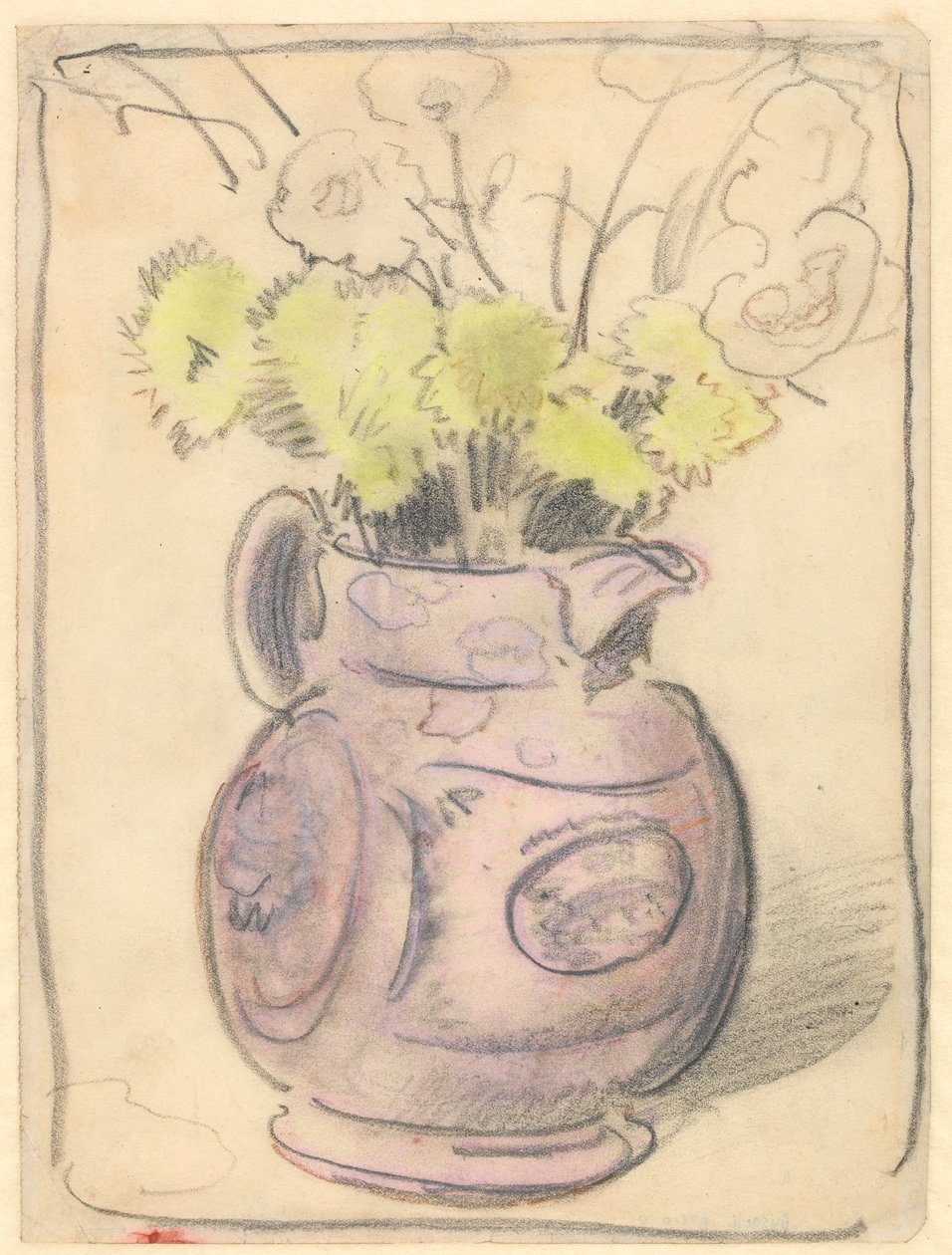 Virágváza: sárga krizantém csillogó kancsóban (fekete és színes kréták papíron) alkotó: William Nicholson