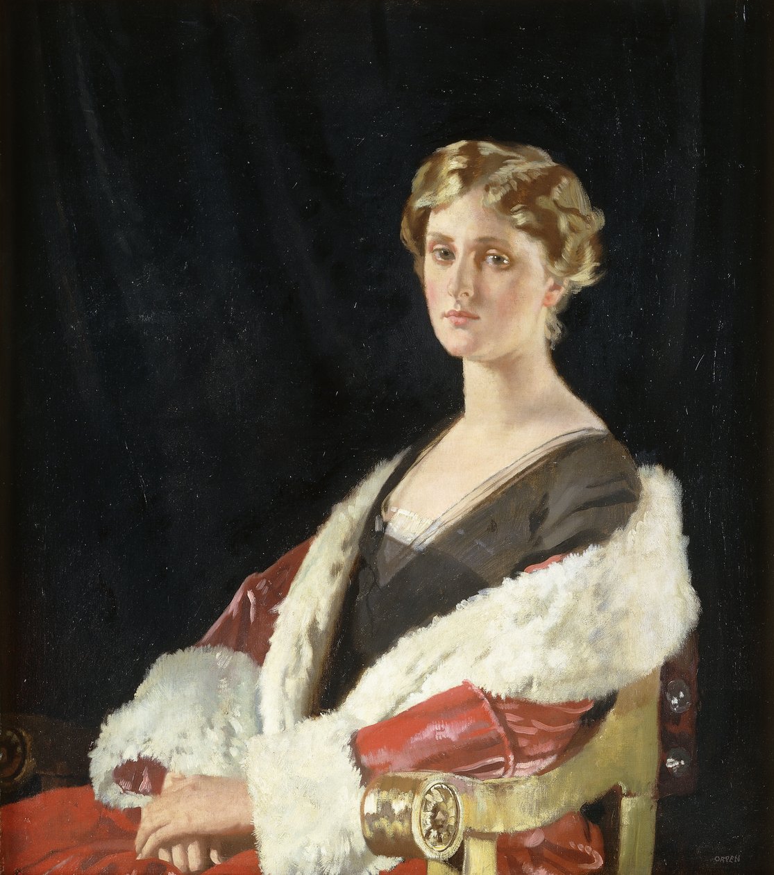 Nancy Oswald Smith portréja félhosszúságban ülve, vörös szőrmével bélelt kabátban, 1915 alkotó: William Orpen