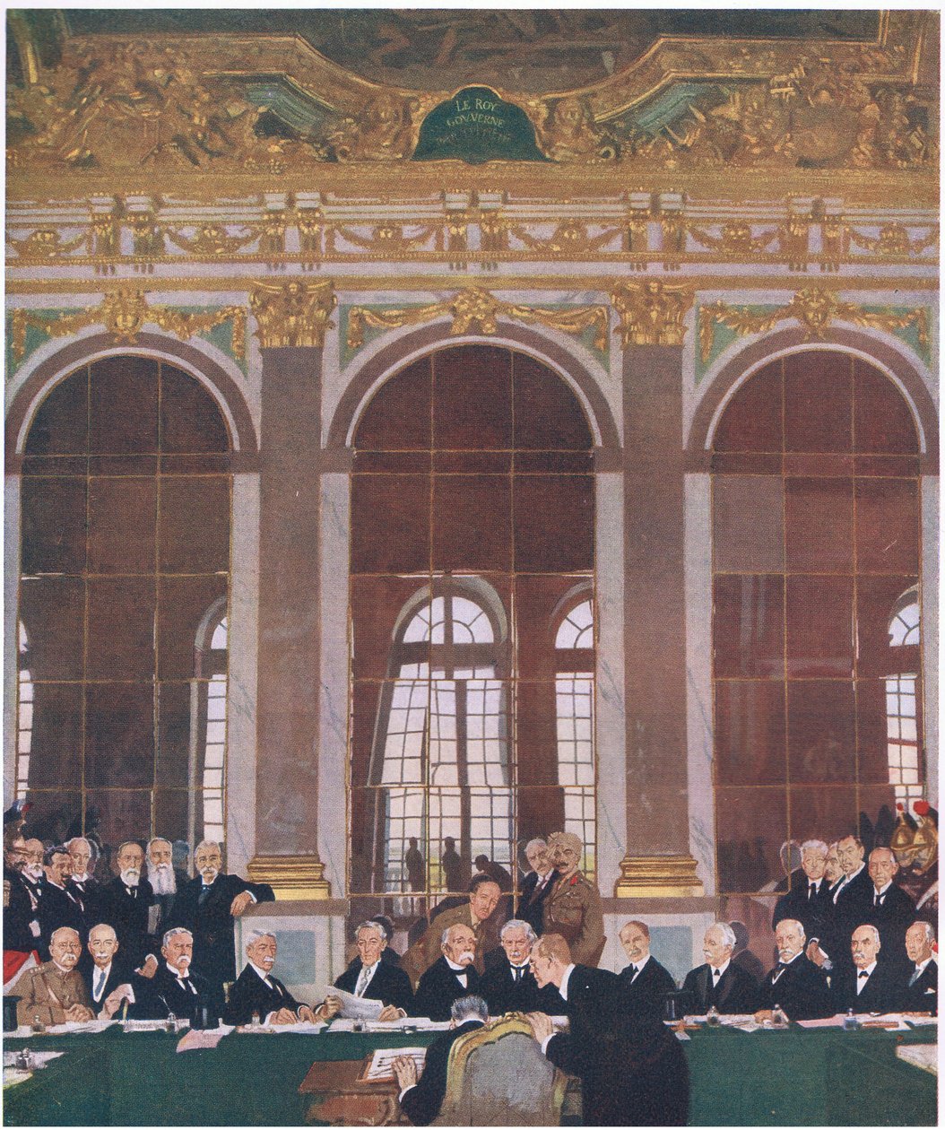 Béke aláírása a tükörcsarnokban, Versailles-i palota, 1919. június 28., Cassells History of the British People, a Waverley Book Company Limited kiadásában, 1940 körül alkotó: William Orpen