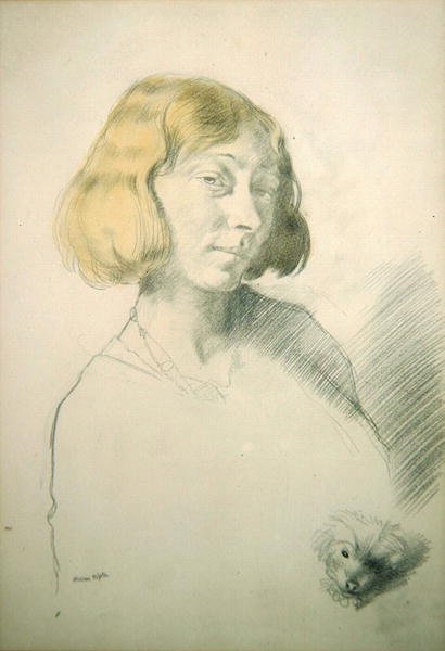 Vera Hone és kutyája, 1912 körül (ceruza és mosás papíron) alkotó: William Orpen