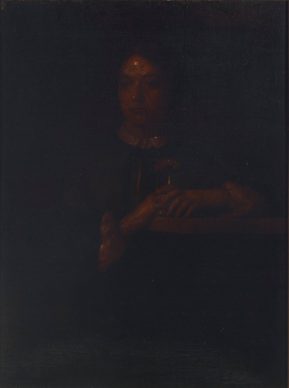 Sarah egy korláton támaszkodik alkotó: William Page