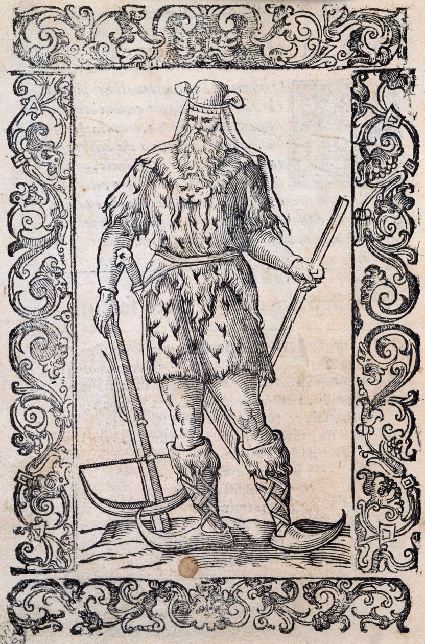 Szőrmeruhás férfi, számszeríjjal és csavart hegyű cipővel (példa a kezdetleges sílécekre), Cesare Vecelliónak (1521-1601) tulajdonított illusztráció, amelyet Olaszországban adtak ki a 16. században alkotó: Nicolas Toussaint Charlet
