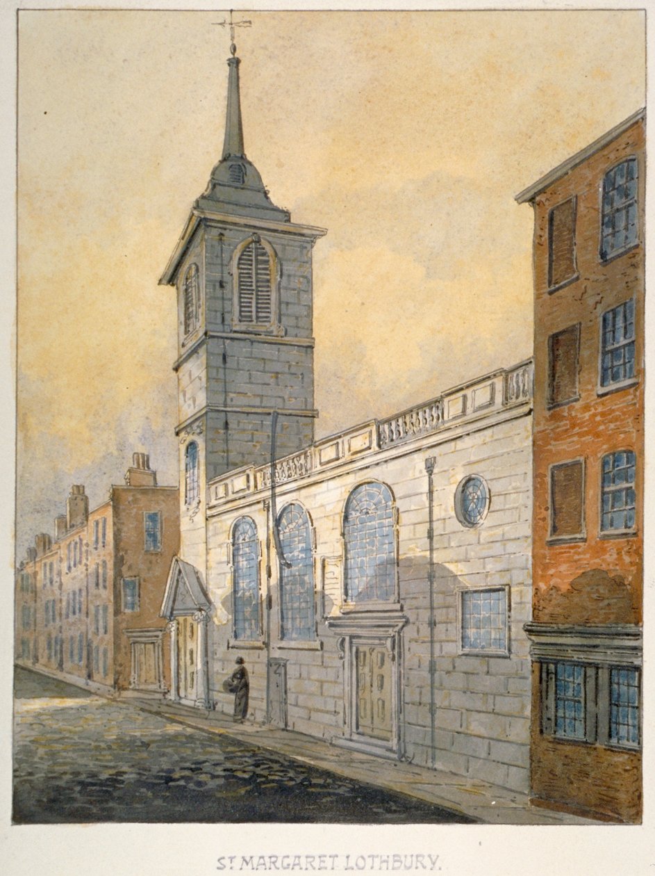 A Szent Margaret Lothbury-templom délkeleti nézete, London városa, 1815. alkotó: William Pearson