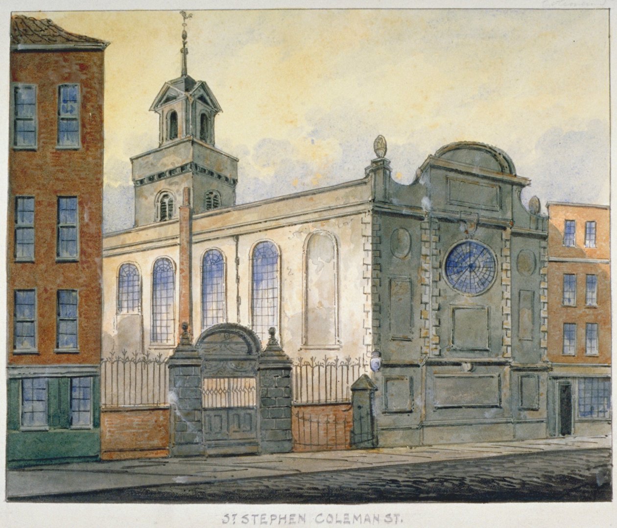 A Szent István-templom délkeleti nézete, Coleman Street, London City, 1815 alkotó: William Pearson