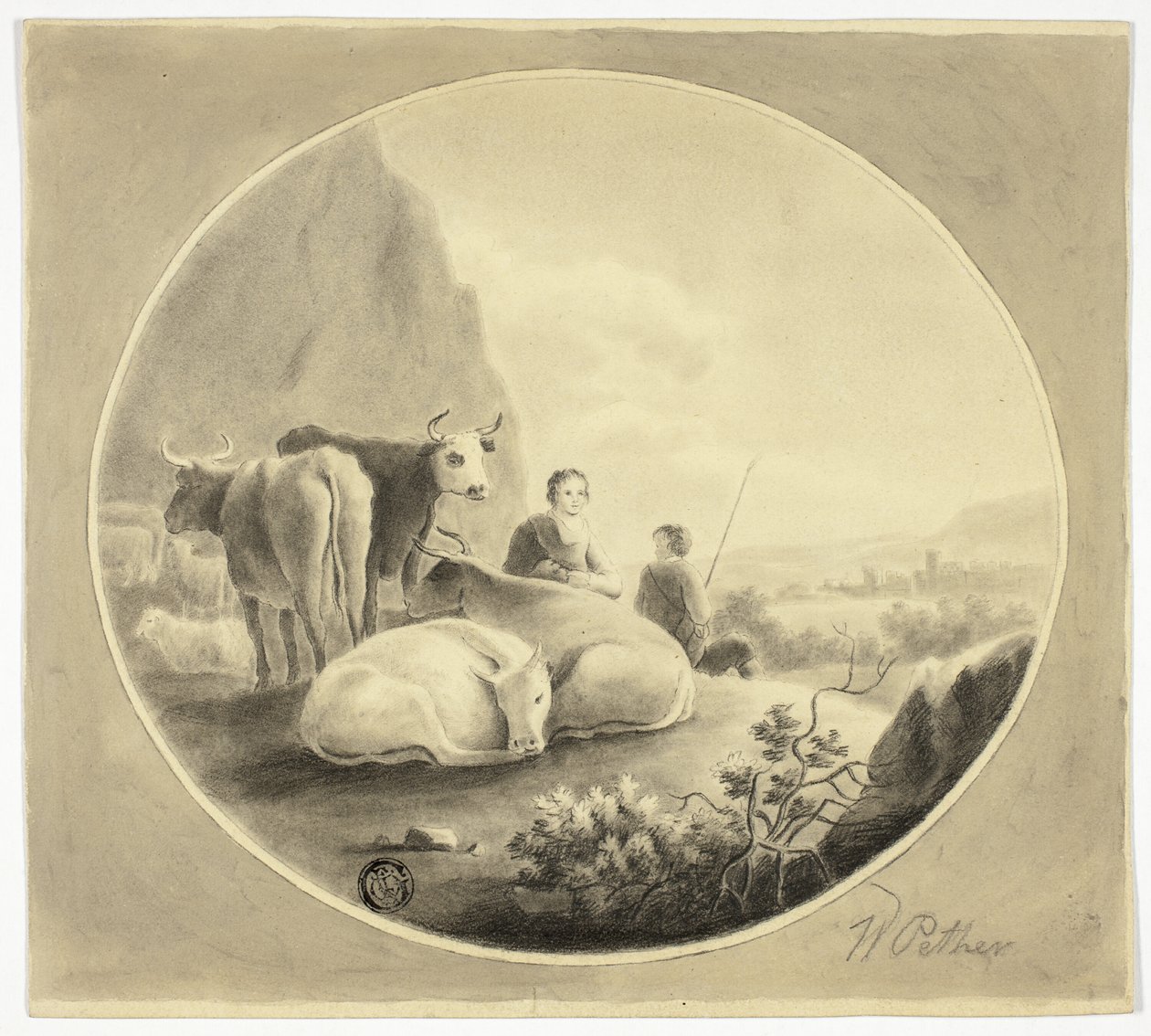 Pásztorok, tehenek és juhok a tájban alkotó: William Pether