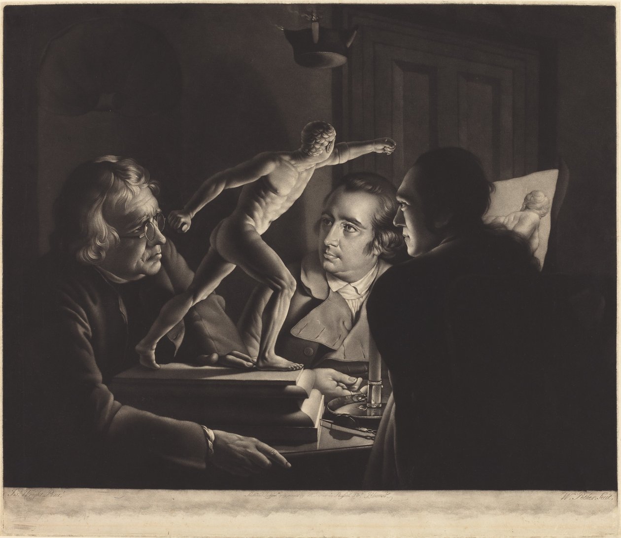 Három személy nézi a Gladiátort gyertyafénynél alkotó: William Pether after Joseph Wright