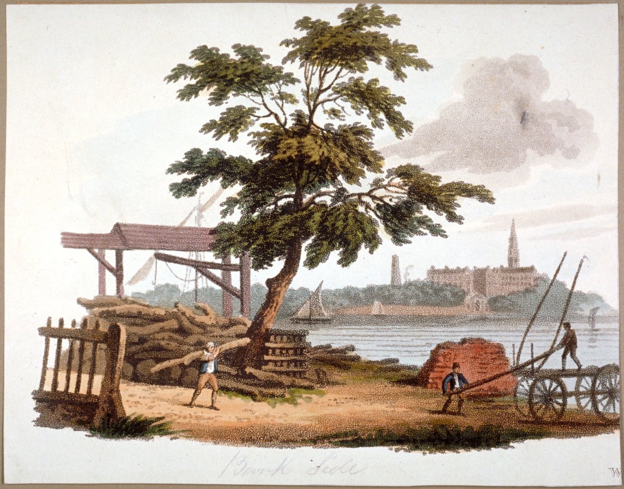 Férfiak fát szállítanak a londoni Bankside-ban, Southwarkban, c1810 alkotó: William Pickett