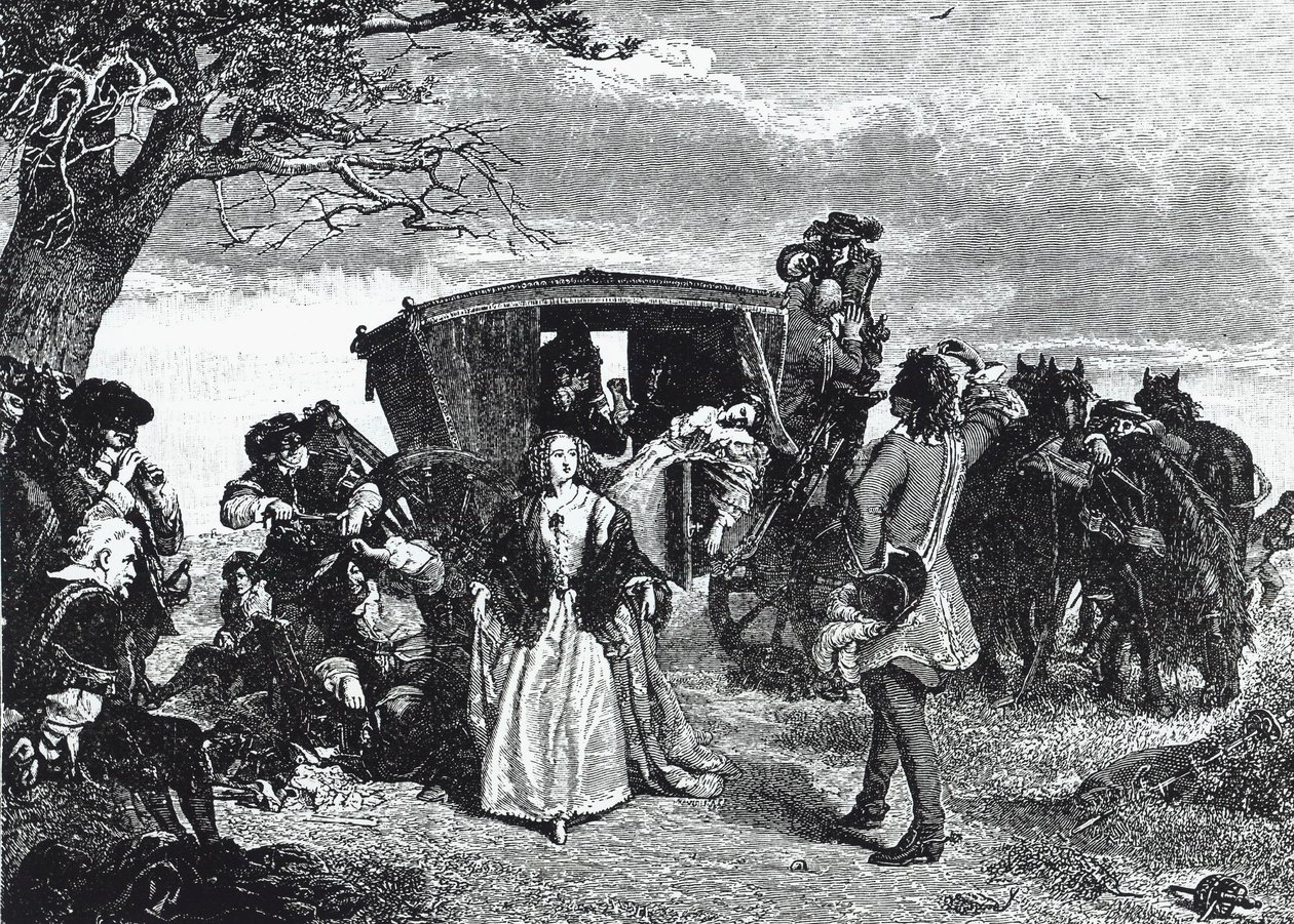 Claude Duval autópálya-ember abban a legendás pillanatban ábrázolja, amikor nem hajlandó elvinni az összes zsákmányát, ha áldozatának felesége „courantét” táncol vele a Hounslow Heath-en (metszet) alkotó: William Powell (after) Frith