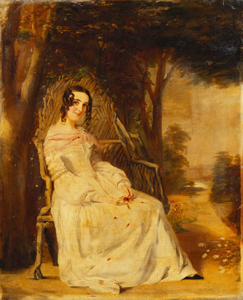 Mary Freer portréja kis méretben ülve egy kerti ülésen, alkotó: William Powell Frith