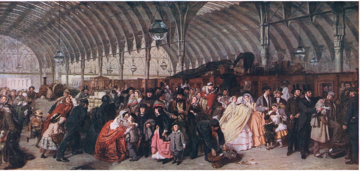 A vasútállomás, a Cassells History of the British People című kötetből, kiadta a Waverley Book Company Limited, 1940 körül. alkotó: William Powell Frith