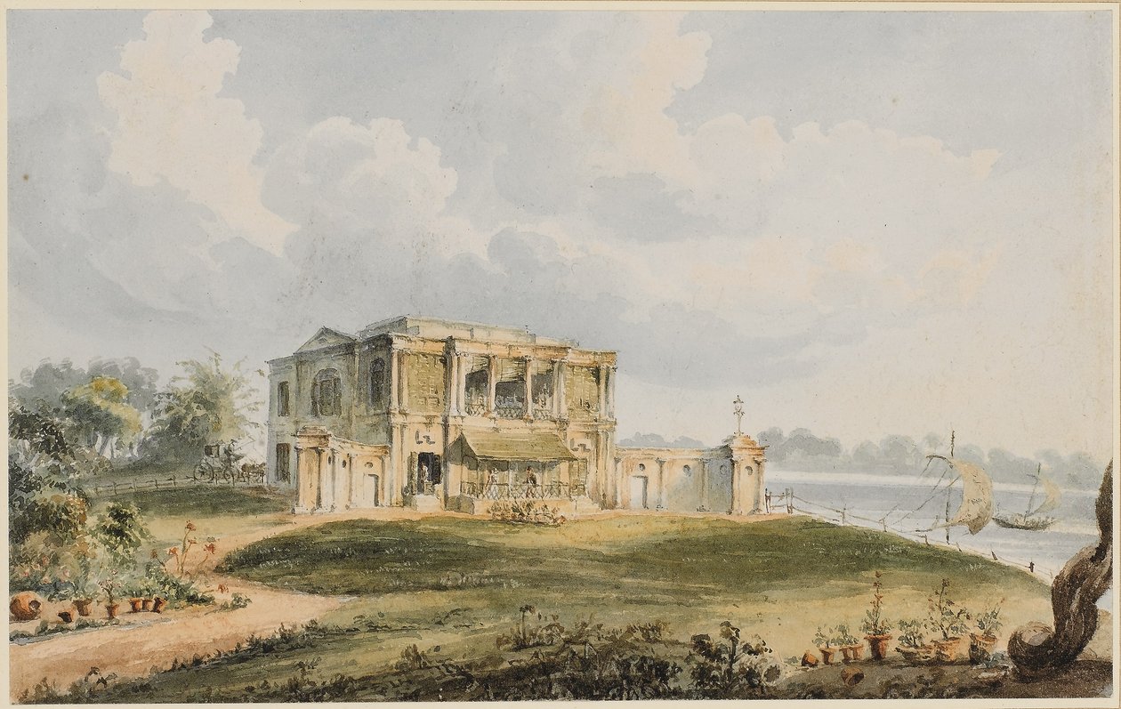 Kilátás Charles Prinsep házára, Ishura a Hooghly folyón (fekete kréta, toll és barna tinta akvarellel papíron) alkotó: William Prinsep