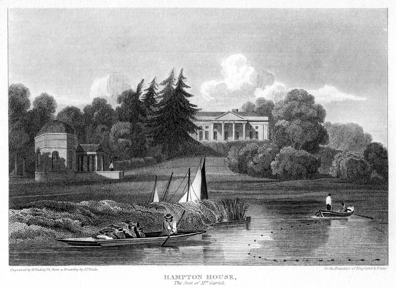 Hampton House, Mr Garrick székhelye, Hampton, Richmond upon Thames, London, 1815. alkotó: William Radclyffe