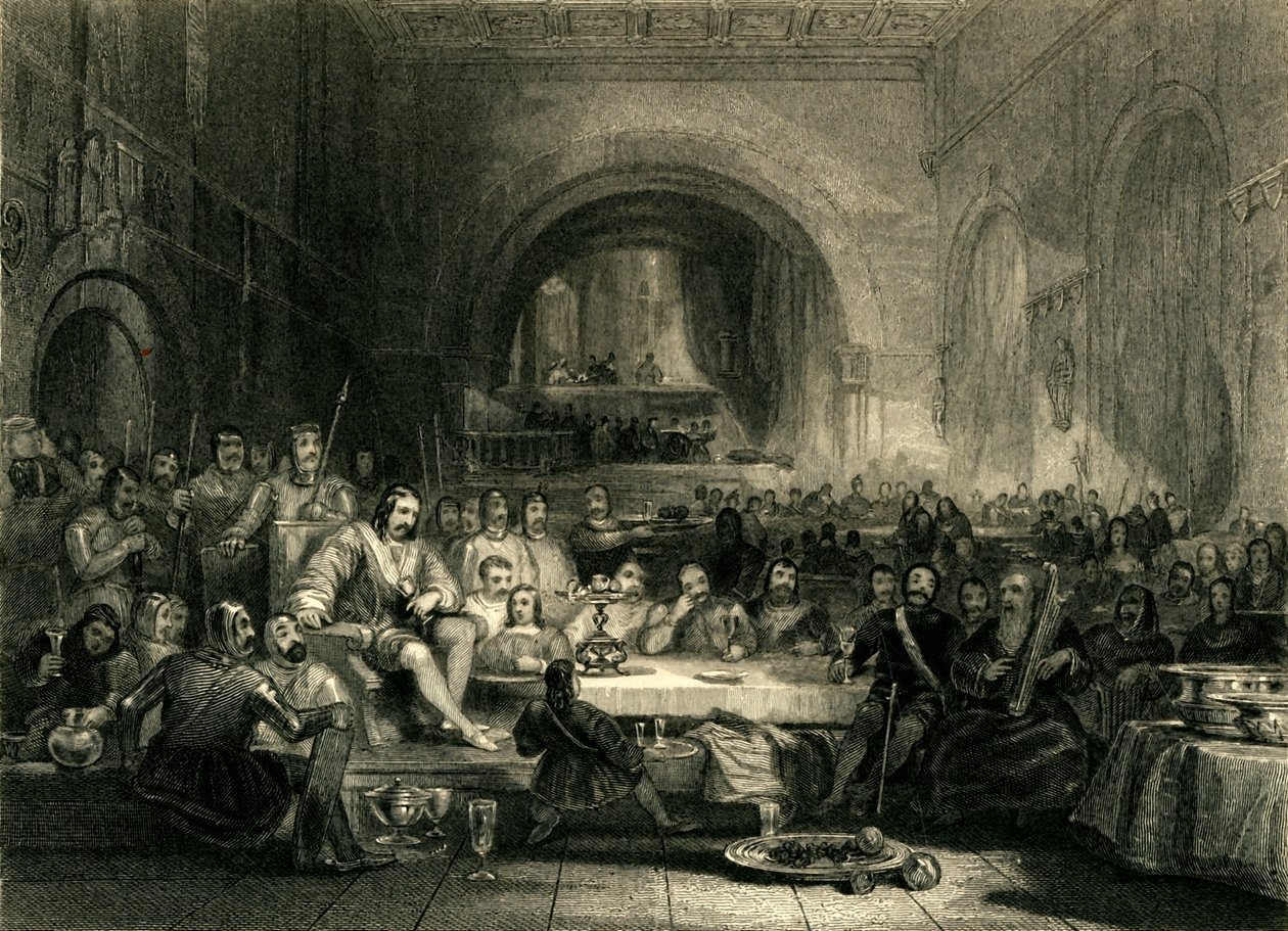 „Llewellyn herceg és bárói az Aber melletti palotájában”, 1836 alkotó: William Radclyffe
