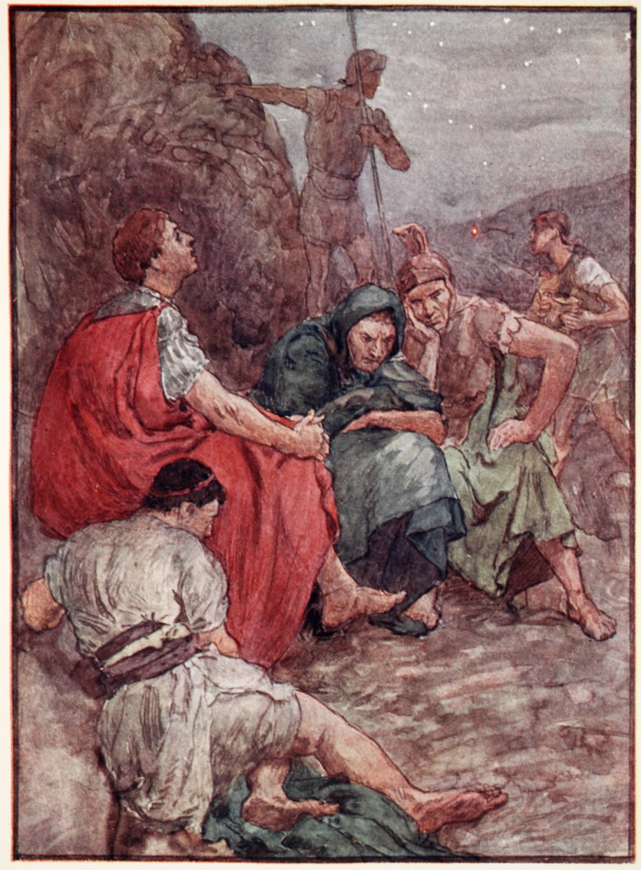 Brutus és társai a Philippi csata után, illusztráció a „Plutarkhosz életei fiúknak és lányoknak” című könyvéből, amelyet W.H. Weston, London 1910 körül (színes litho) alkotó: William Rainey
