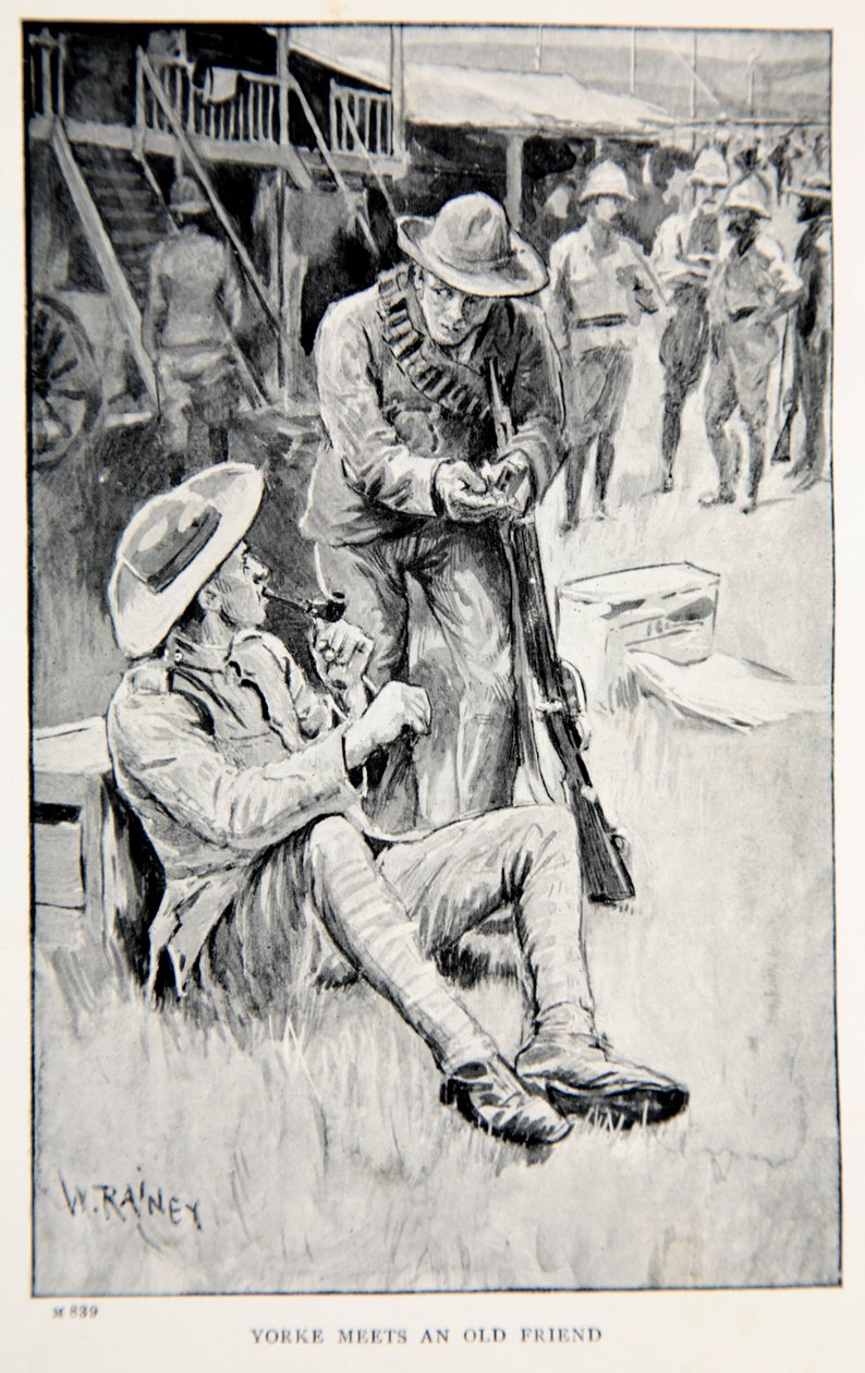 Yorke találkozik egy régi barátjával, egy illusztrációval a „Robertsszel Pretoriába: A dél-afrikai háború meséje”, G.A. Henty, kocsma. London, 1902 alkotó: William Rainey