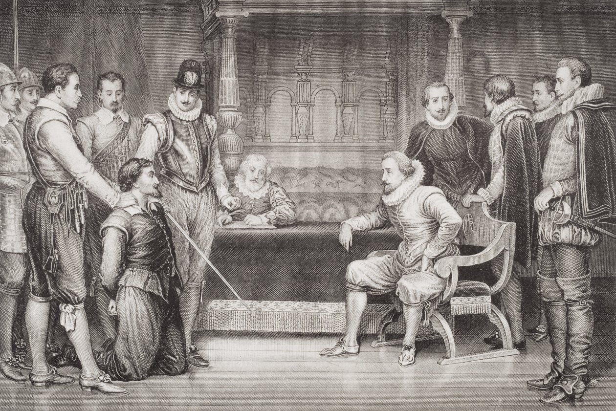 Guy Fawkes (1570-1606), akit I. Jakab (1566-1625) és tanácsa kihallgatott a király hálószobájában, „Az angol és skót történelem illusztrációi” I. kötetből alkotó: William Ralston