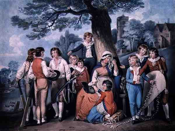 A katonaözvegy, vagy iskolásfiúk gyűjteménye, metszet: Robert Dunkarton (1744-1817 körül), kocsma. írta: James Daniell alkotó: William Redmore (after) Bigg