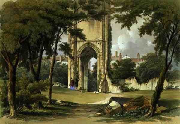 Gray Friars, Richmond, kilátás a toronyra, a Yorkshire kolostori romjaiból, George Hawkins (1819-52) metszetében alkotó: William Richardson