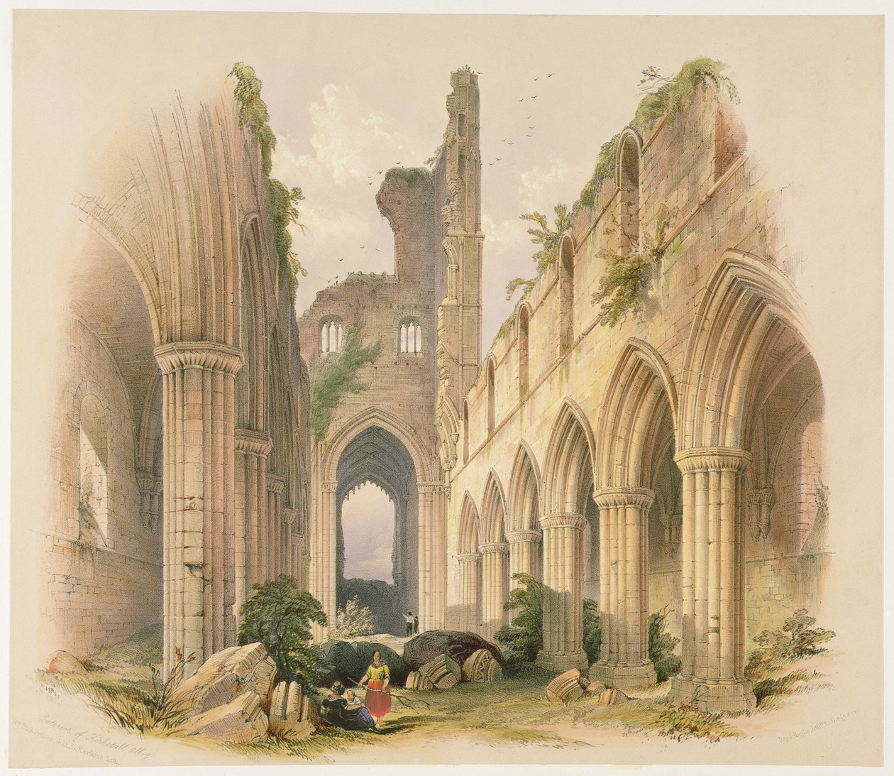 Kirkstall apátság, a templomhajó és a kórus, a "The Monastic Ruins of Yorkshire" című képből, George Hawkins (1819-52) metszete, 1842. alkotó: William Richardson