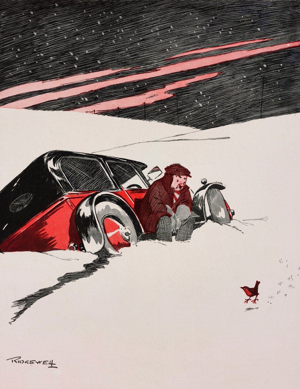 Amikor jön a Vörös Vörös Robin, Bob Bob Bobbin jön"", autós egy hóban elakadt autóban, William Ridgewell (1881-1937) rajzfilmje a The Tatlerből, 1434. szám, december 19. alkotó: William Ridgewell