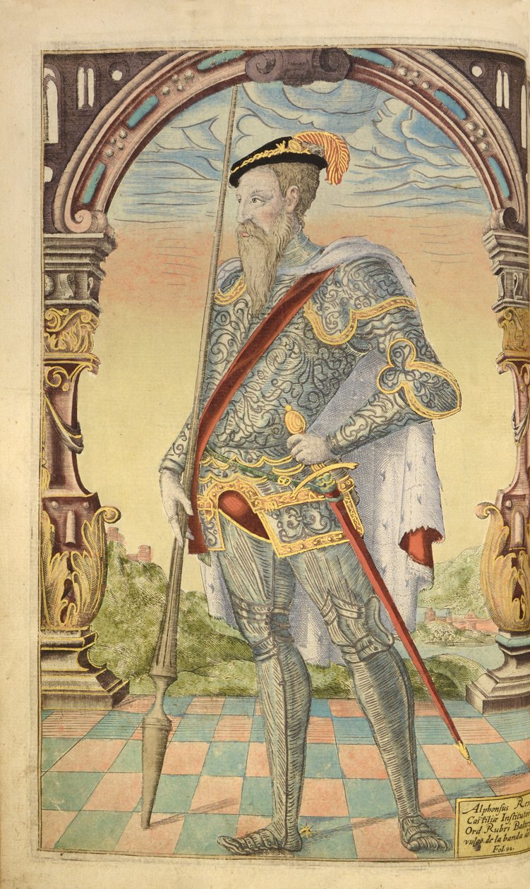 Alphonso XI, Kasztília és León királya, a Honor Military és a Civil, William Segar, pub. Robert Barker, London, 1602 (kézzel színezett metszet) alkotó: William Rogers
