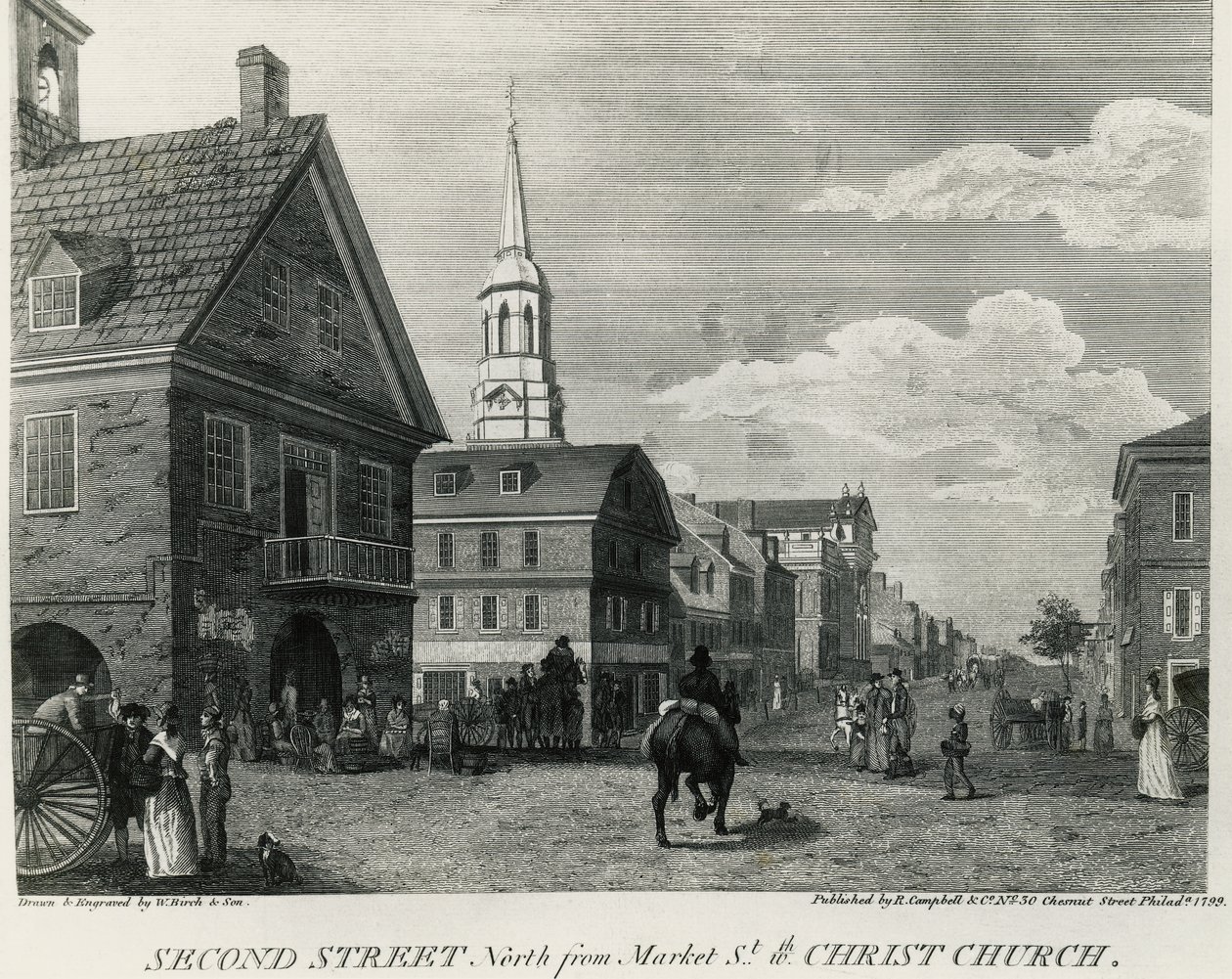 Second Street North a Market Streettől és a Christ Churchtől, Philadelphia, William Russell Birch (1755-1834) rajza, nyomta: R Campbell, Amerikai Egyesült Államok alkotó: William Russell Birch
