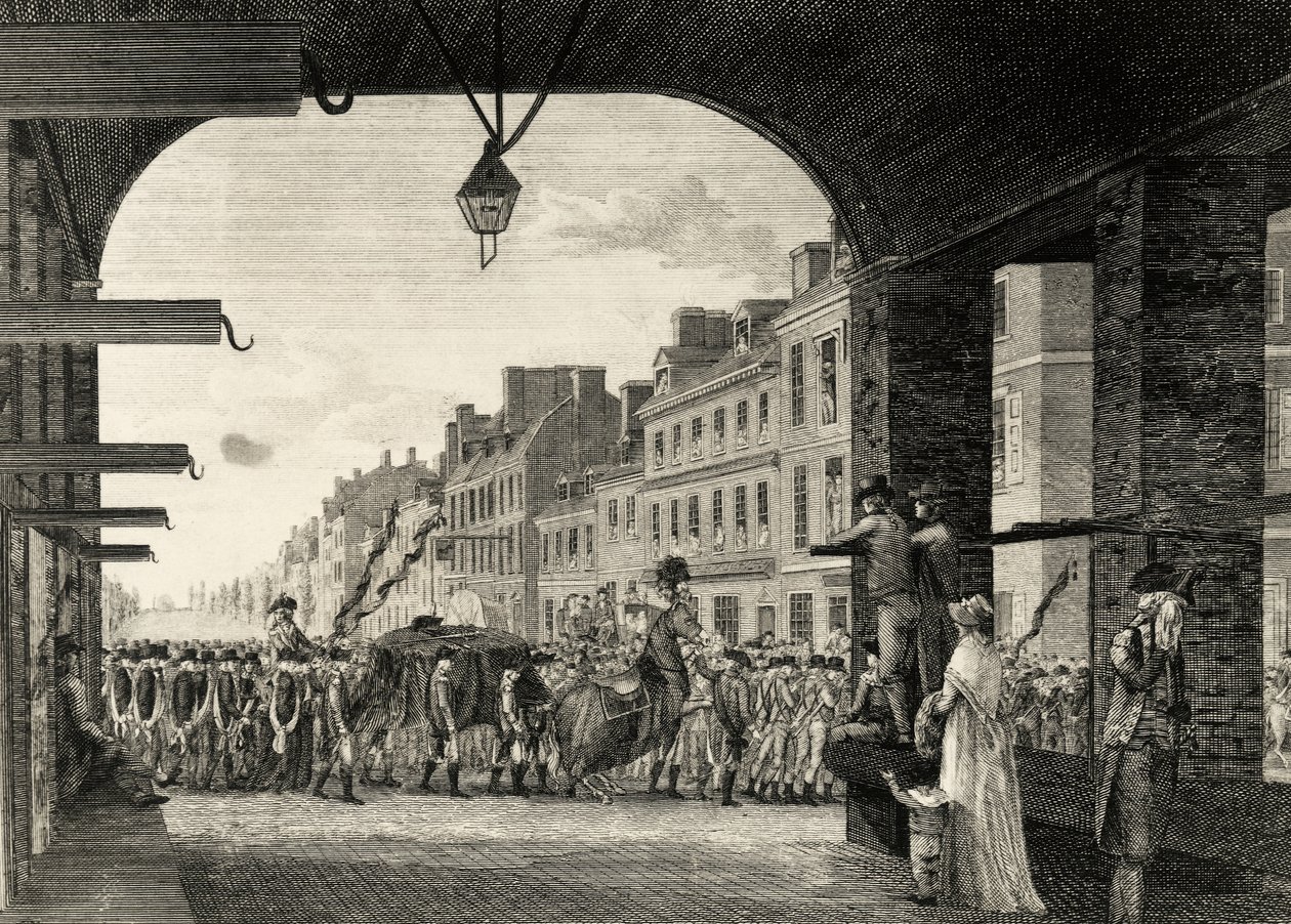 George Washington temetési menete a philadelphiai High Street mentén alkotó: William Russell Birch