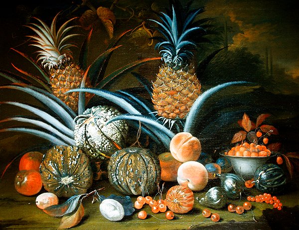 Csendélet ananász, dinnye, őszibarack, eper, cseresznye és más gyümölcsök (olaj, vászon) alkotó: William Sartorius