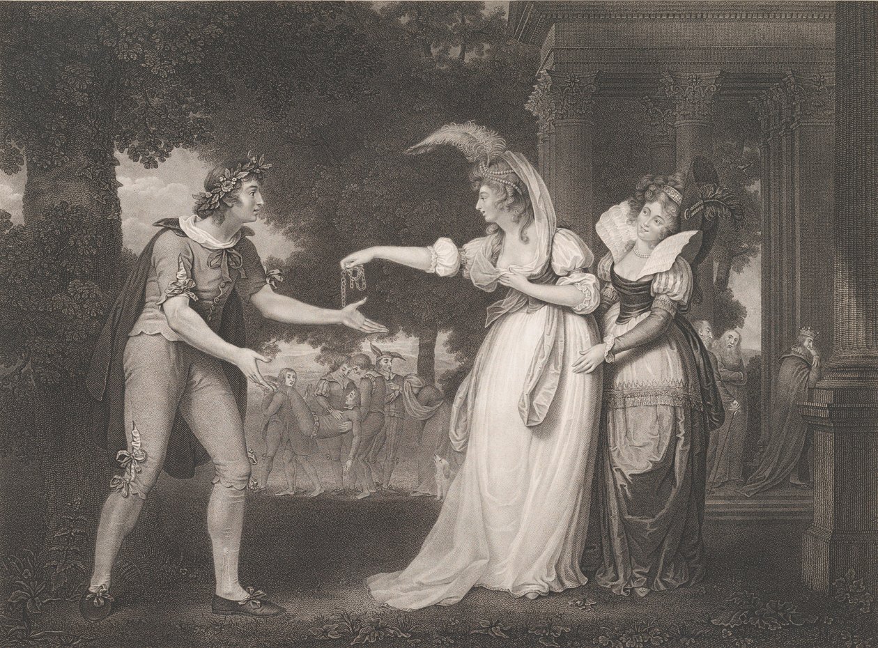 A hercegi palota előtt – Rosalind, Celia, Orlando, a Herceg..., először 1800-ban adták ki, újra kiadták 1852-ben. alkotó: William Satchwell Leney